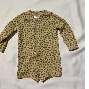HM Baby Romper 6-9M Heart Print Seersucker Textured Half Zip Long Sleeve Mustard